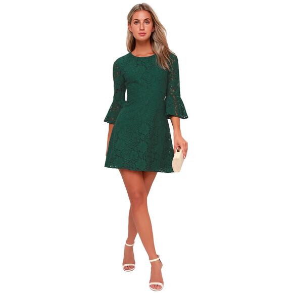 Lulus Dresses & Skirts - NWT Lulus Favorite Flair Forest Green Lace Flounce Sleeve Mini Dress Size Large